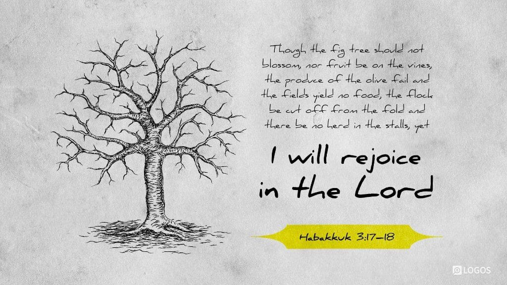 https://ref.ly/Hab3.17-18;nkjv
Habakkuk 3:17-18 [NKJV]: Though the fig tree may not blossom,
Nor fruit be on the vines;
Though the labor of the olive may fail,
And the fields yield no food;
Though the flock may be cut off from the fold,
And there be no herd in the stalls—	
18  Yet I will rejoice in the Lord,
I will joy in the God of my salvation.